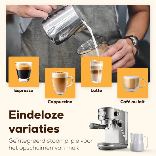 KitchenLove Pistonmachine - RVS Espressomachine - 20 Bar - Handmatig - Met Stoompijpje