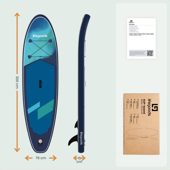 LifeGoods SUP Board Allround Compact - 100 KG Draagkracht - 300 x 76 cm - Opblaasbaar - Compleet SUP pakket - Blauw/Groen