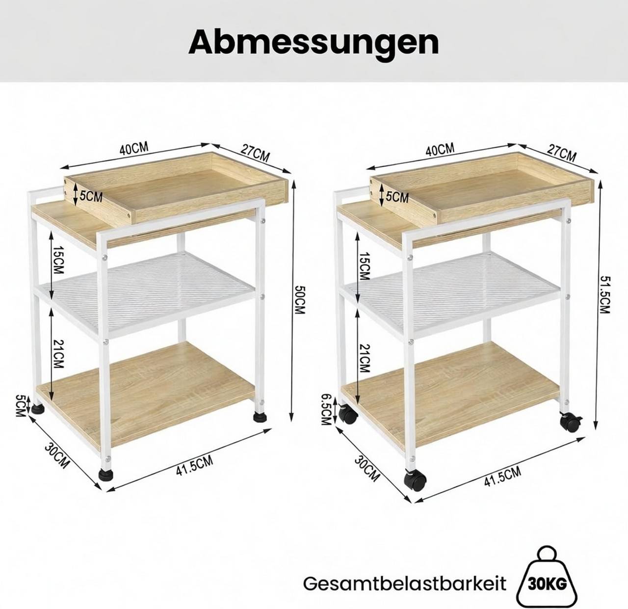 WOLTU Bijzettafel met Wielen - Afsluitbaar - Licht Eiken