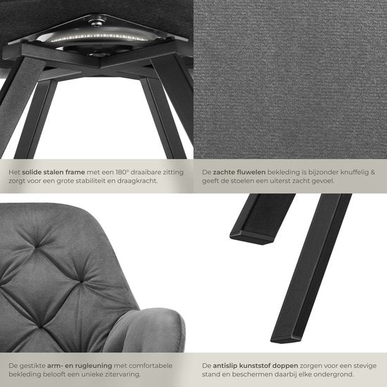 tectake® - Draaistoel in fluweellook - Eetkamerstoel met armleuningen - Ergonomische zitting en rugleuning - 180 graden draaibaar - Moderne stoel met stalen poten - Diverse kleuren - Antraciet