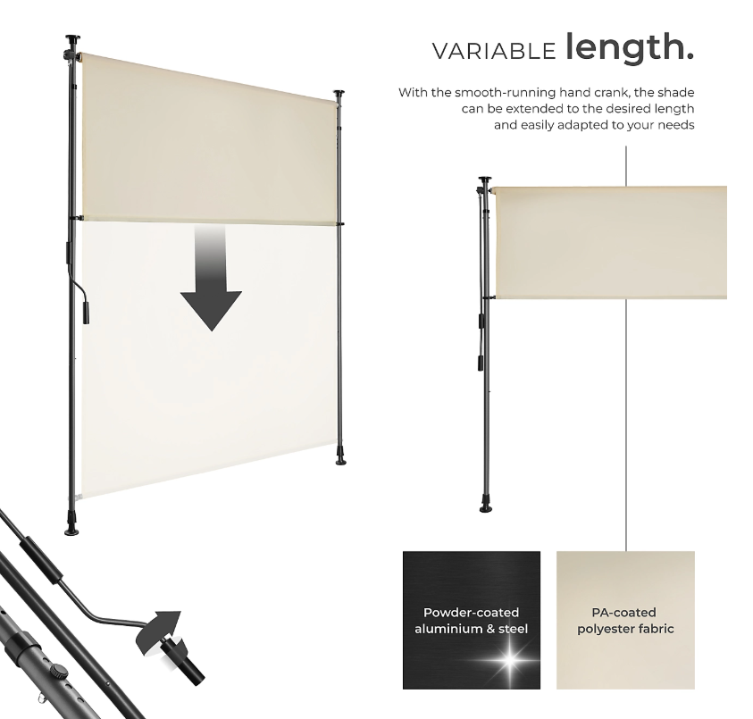 Tectake Zonnescherm Taija 128 x 7 x 216–310 cm – Handslinger – UV50+ – Beige