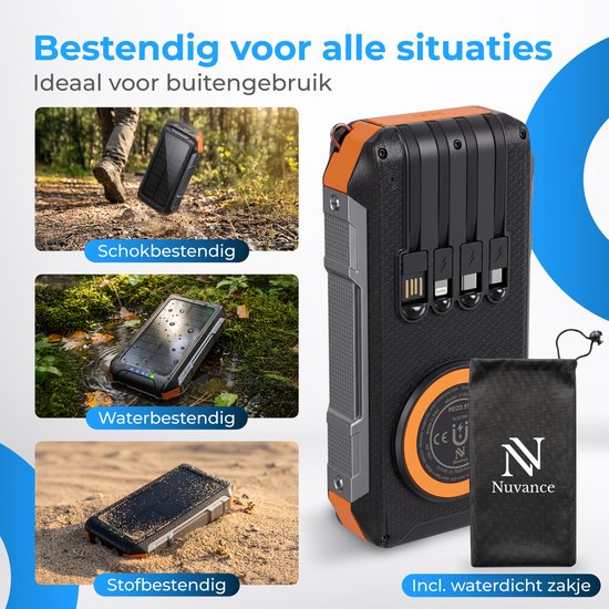 Nuvance Solar Powerbank 20000mAh - 22.5W Snellader - USB C & USB A - 4x Ingebouwde Kabels - Draadloze Powerbank 15W - Noodpakket - Powerbank Zonneenergie