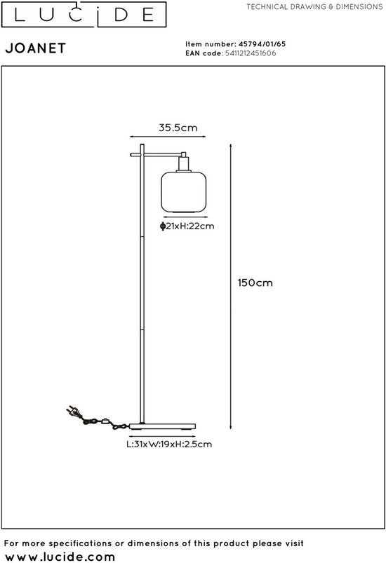 Lucide JOANET - Vloerlamp - 1xE27 - Fumé
