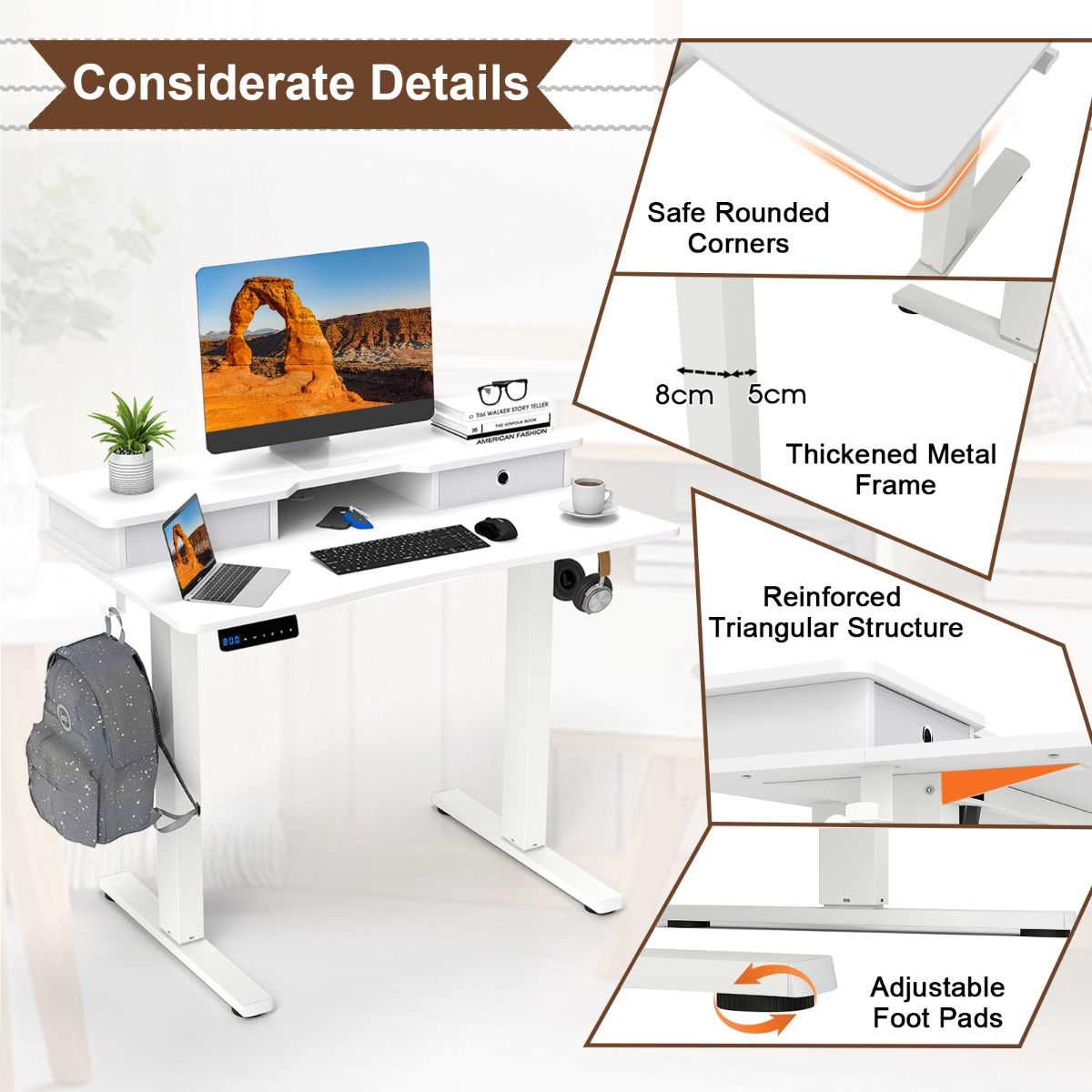 Coast Elektrisch Zit-Stabureau - In hoogte verstelbaar - Met monitorstandaard en lades - Wit 100 x 60 cm