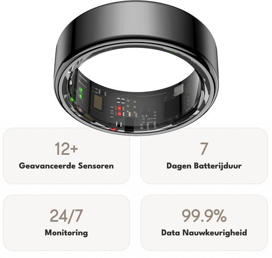 Focus® S1 Smart Ring - Zwart - Maat 7 - Hartslag - Menstruatiecyclus - Slaap Monitor - Slimme Ring - Sport Prestatie - Stappenteller -IP68 Waterdicht - O2 Meting - Dames - Heren - Wearables - Oplaad Case - beschermring
