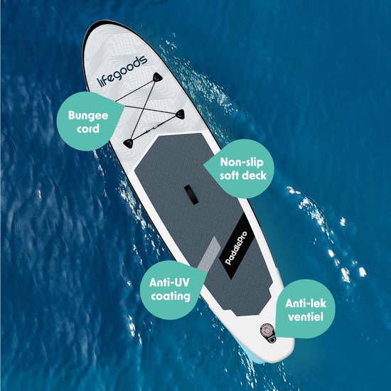 LifeGoods SUP Board Allround Compact - Met Zitje - 100 KG Draagkracht - 300 x 76 cm - Opblaasbaar - Compleet SUP pakket - Zwart/Wit