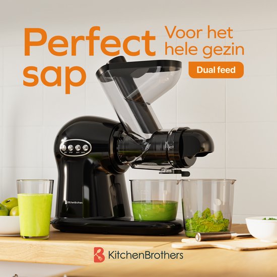KitchenBrothers Slowjuicer XL - Juicer - Groenten en Fruitpers - 43 mm en 70 mm invoer - 500 ml - Zwart