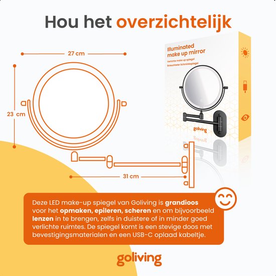 Goliving Make Up Spiegel Met LED Verlichting - Ø25 cm - 10x Vergroting - met USB-C oplaadpoort - Zwart