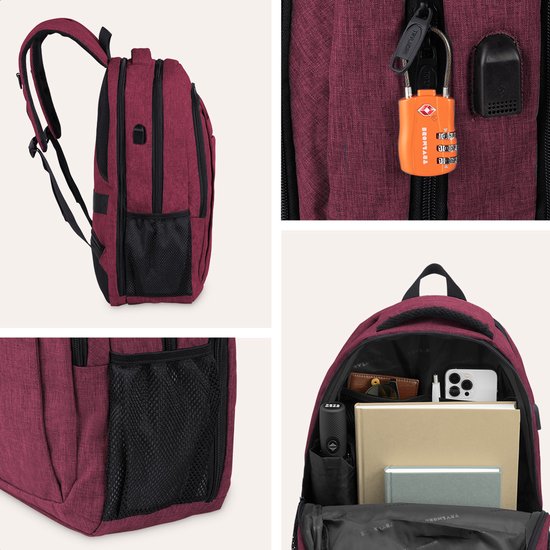 TRVLMORE Rugzak met Levenslange - Rugtas met 15,6 Inch Laptopvak - Schooltas - Spatwaterdicht - Heren en Dames - Jongens en Meisjes - 28L - Burgundy