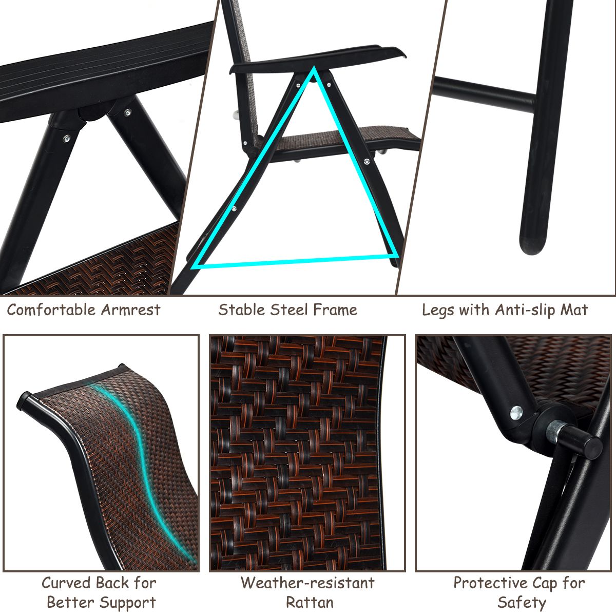 Coast Rotan Klapstoelen Set van 2 - Verstelbare Rugleuning - Opvouwbaar en Draagbaar - Bruin