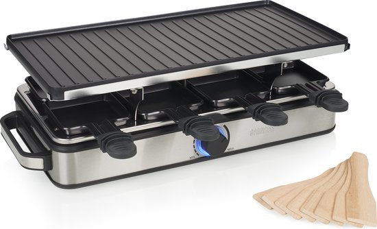 Princess Gourmetstel 162645 - Raclette 8 Personen - Regelbare thermostaat - 1400W - 2 meter snoer - Omkeerbare Bakplaat - 8 pannetjes - RVS