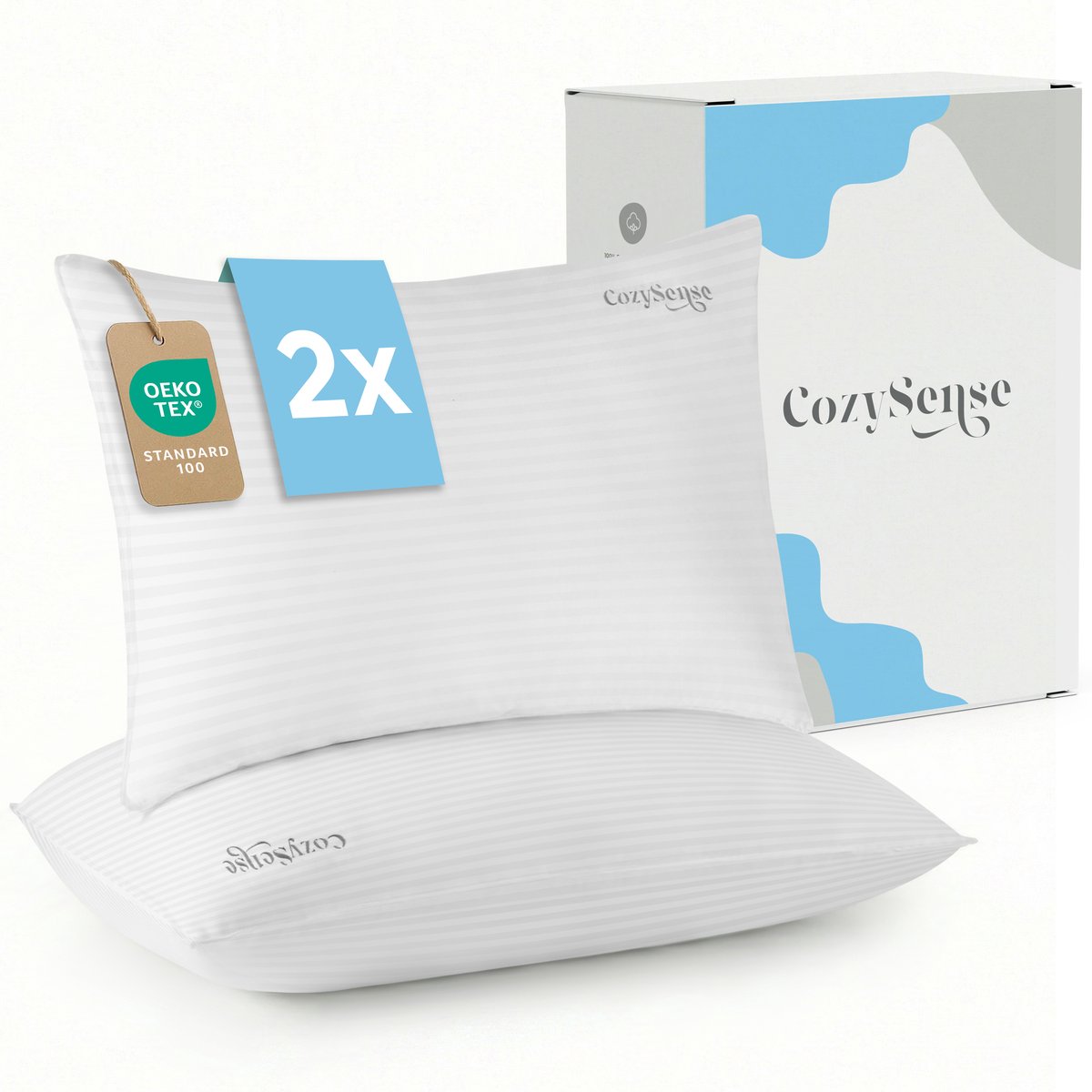 CozySense Hoofdkussen Set van 2 – 50x70 cm – Wit – Katoenen Tijk – Zachte Microvezelvulling