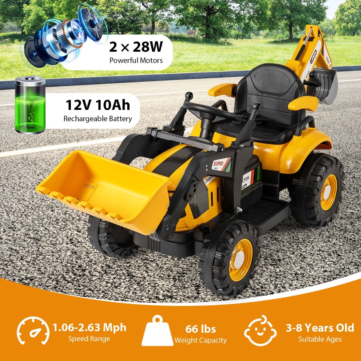 Coast Elektrische Kindertrekker met Aanhanger - Graafmachine en Schep - Afstandsbediening - Geel