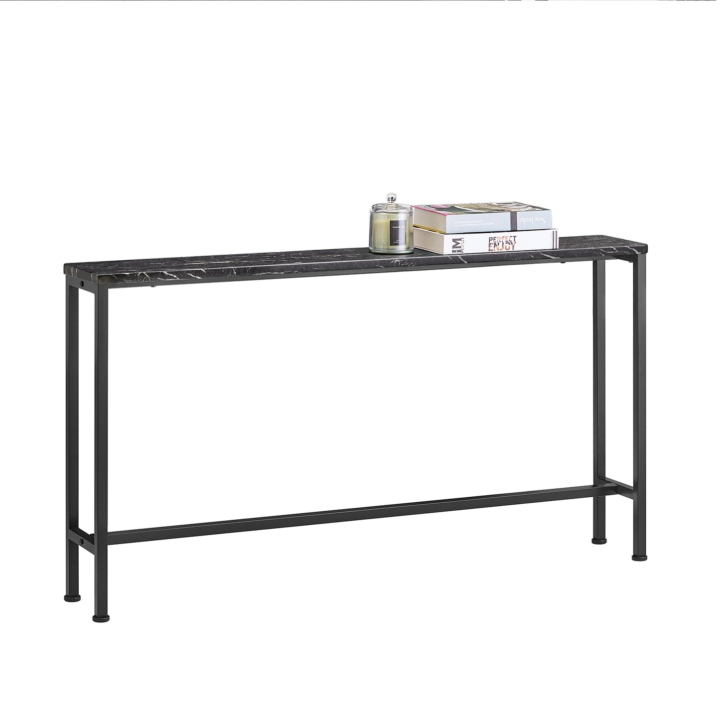 Sobuy Consoletafel FSB19 SCH Bijzettafel – 120 cm Lengte Met Marmerlook Blad En Zwart Metalen Frame En Vloerbeschermers – Voor Hal En Woonkamer – Hout En Metaal – 120 x 20 x 65 cm
