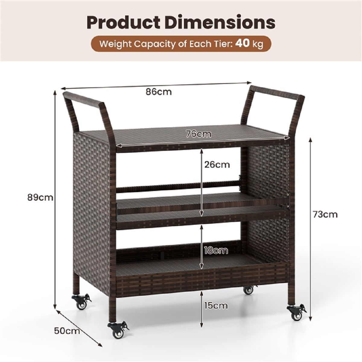 Coast Buitenbarwagen - 3 lagen - Rattan met vergrendelbare wielen - Bruin - 86 x 50 x 89 cm