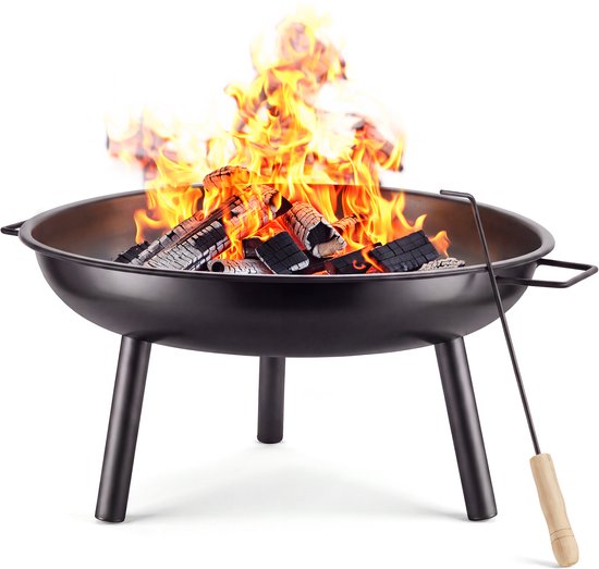 tectake® Vuurkorf Diablo - Hittebestendig Staal - Vuurschaal met Vuurpook - Ø 57,5 cm - Tuinhaard - Sfeerhaard voor Buiten - Met Handgrepen en Waterafvoer - Voor Brandhout en Houtskool