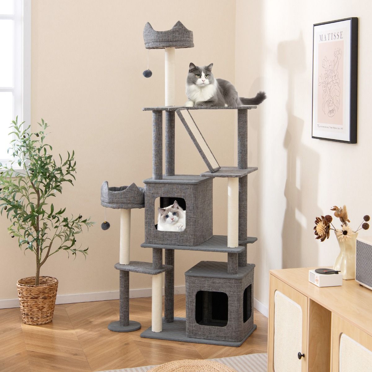 Coast Krabpaal Kattenboom - 2 kattenhuisjes - speelplatforms en kattenbed - grijs - 180 cm