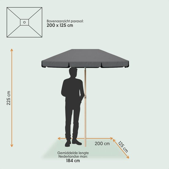 LifeGoods Parasol - Tuin - Balkonparasol - 200x125cm - 30° Kantelbaar - Waterdicht - UPF50+ - Houtkleurige coating - Donkergrijs
