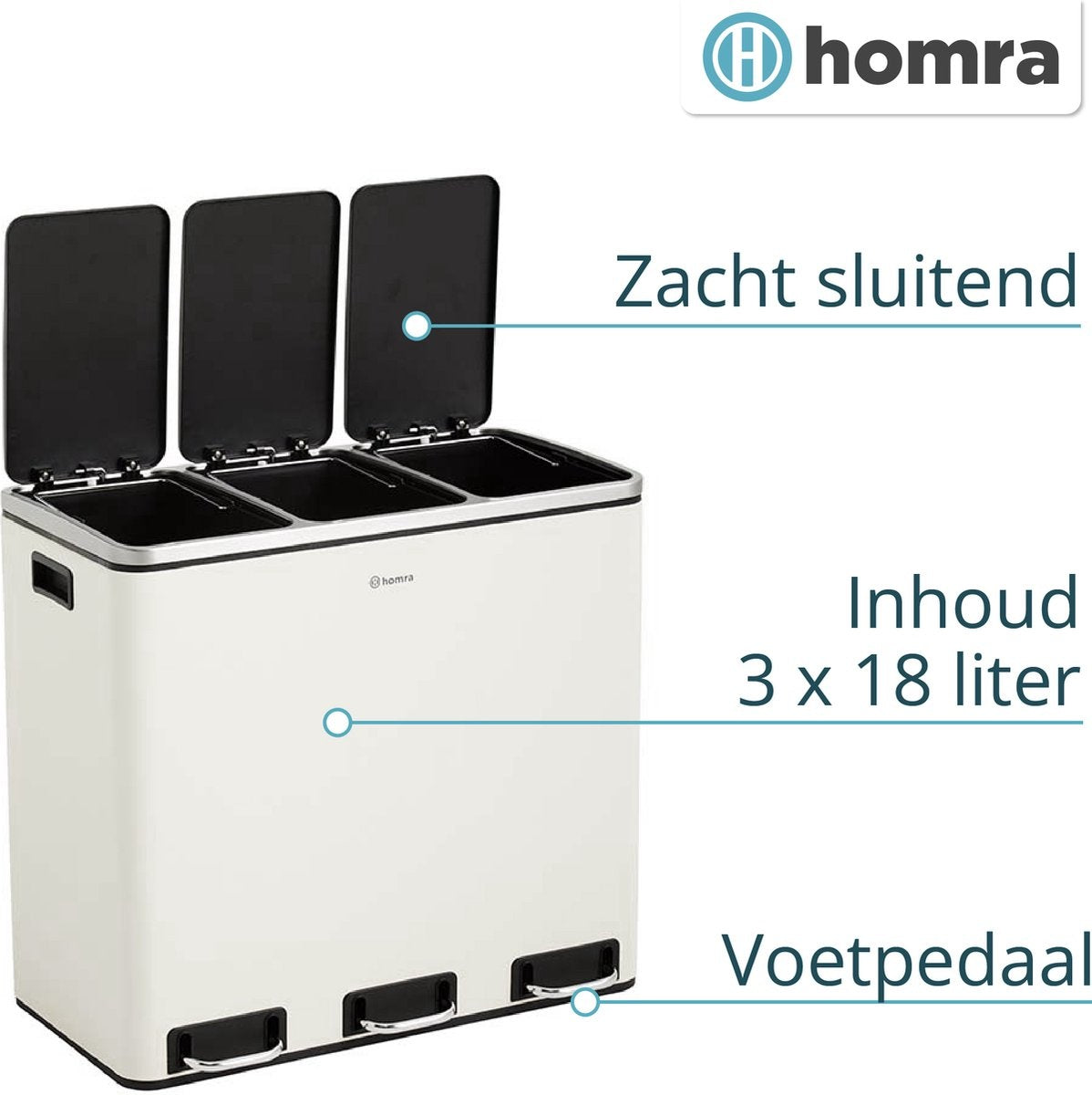 Homra SPARQ Pedaalemmer 3 vakken - 3 x 18 L inhoud - 54 Liter - Crème Wit RVS - Trio Afvalscheiding prullenbak  - 3-vaks Recycle Afvalemmer - Hygiënisch Afval Scheiden - Witte Keuken Vuilbak - Kantoor Prullenbak - Pedaal - Afvalscheidingsprullenbak