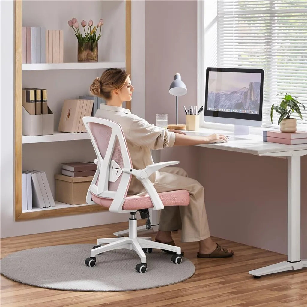 Yaheetech Ergonomische Bureaustoel Verstelbaar 59 x 57,5 x 90-100 cm - Roze - Mesh Bureaustoel met Opklapbare Armleuningen en Lendensteun