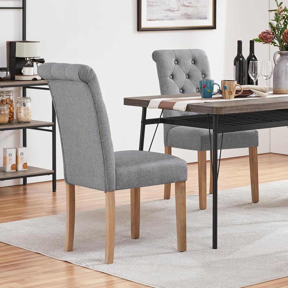 Yaheetech Eetkamerstoelen Set van 2 - Donkergrijs - 45,5 x 62 x 98,5 cm - Hoge Rugleuning, Houten Poten