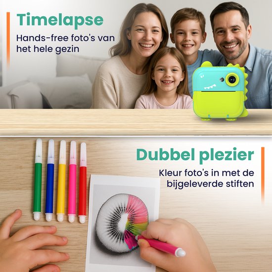 ODESSEY Kindercamera met Printer - Full HD - Selfiecamera - 32GB SD Kaart - Foto - Video - Spelletjes - Digitale Camera Kinderen - Fototoestel voor kinderen - Dino
