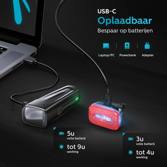 Inlustro Oplaadbaar LED Fietsverlichting Set - Met Verblindingsreductie en Remsensor - Racefiets / Wielrennen / MTB Fietslicht - Fietslamp Rood en Koplamp Wit - Voorlicht Achterlicht Fietslampjes - Waterdicht / USB-C