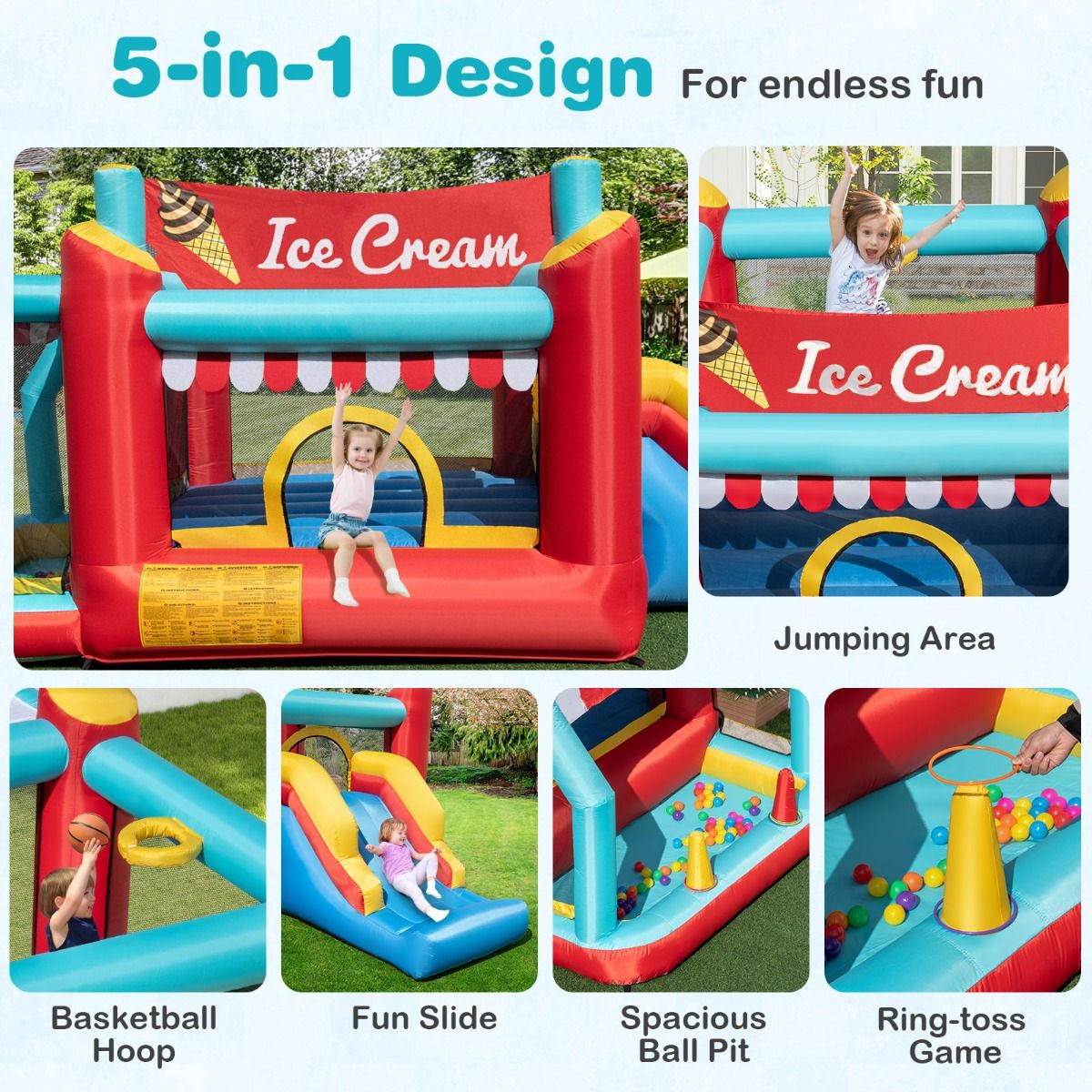 Coast Opblaasbaar Springkussen 5-in-1 - Glijbaan - Ballenbad - Basketbalring - Meerkleurig 485,5 x 239 x 206 cm