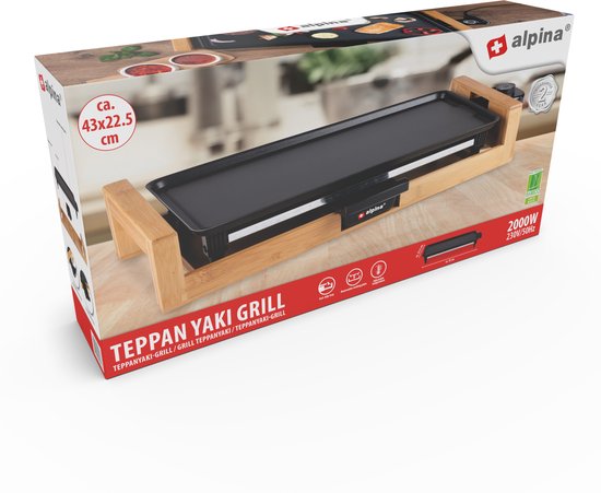 alpina Teppanyaki Bakplaat - Tafelgrill - Anti-aanbaklaag - 2000W - 43x22,5cm - Zwart