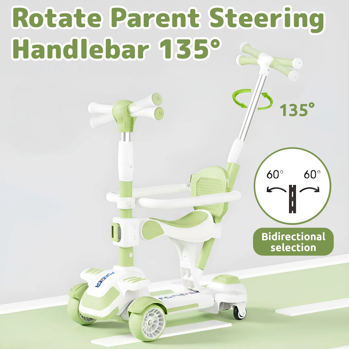 Neuleb 6-in-1 Kinderstep 4 Wielen - Groen - 3-8 Jaar, Draaibare Zitting, Tot 100 kg