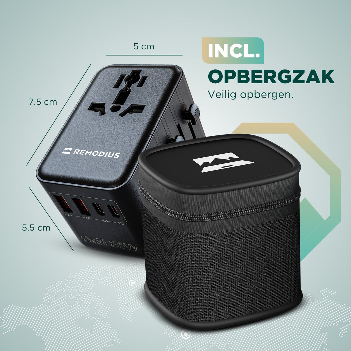 Remodius Wereldstekker - Universele Reisadapter voor 220+ Landen - 2x USB-C & 2x USB-A - Snellader - Type A/B/C/D/E/F/G/I/J/L/N - Compact & Handbagageproof