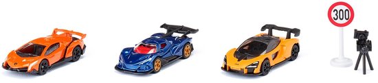 SIKU 6328, Cadeauset Supercars, Lamborghini Veneno, Apollo I.E., McLaren Senna, beweegbare onderdelen, incl. verkeersbord en flitspaal