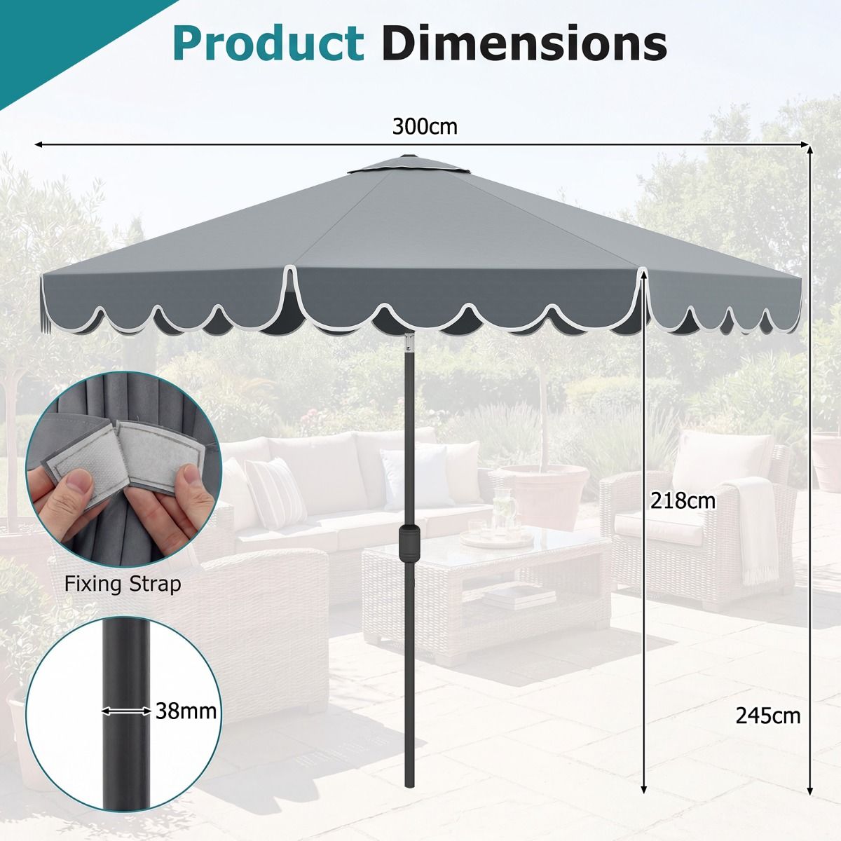 Coast Dubbelzijdige Tuinparasol - 300 cm met zwengel en volant - 35° kantelbaar - Blauw
