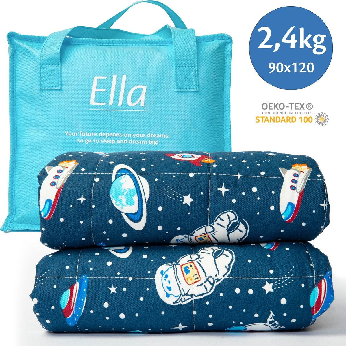 EL-Life Verzwaringsdeken Kind 2,4kg - 90 x 120cm - Zwaartedeken - Weighted Blanket - Verzwaarde Deken - OEKO-TEX Katoen - Ruimte & Astronauten