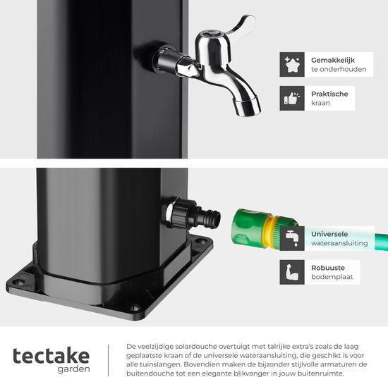 tectake® Buitendouche - Solar - 35L - Warm Water tot 60°C - Met Beschermhoes en Zeepbakje - Tuinslangaansluiting - Tuindouche met grote verstelbare douchekop en voetkraan - Zonnedouche - Campingdouche op Zonneenergie - Zwart