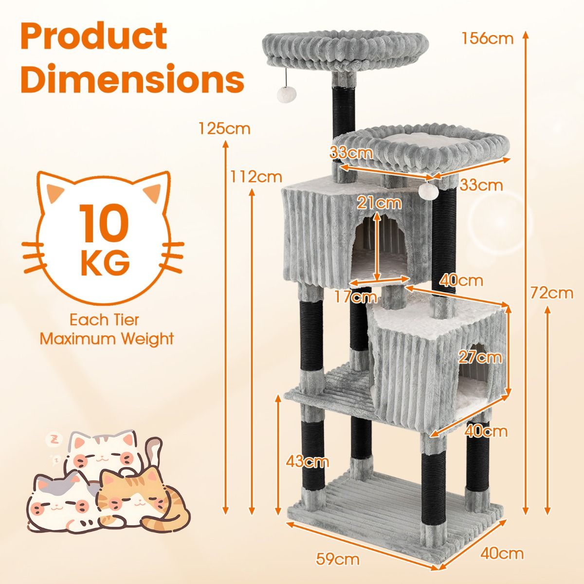 Coast Krabpaal voor Katten - 2 knuffelholtes - 2 ligplaatsen - lichtgrijs - 156 cm