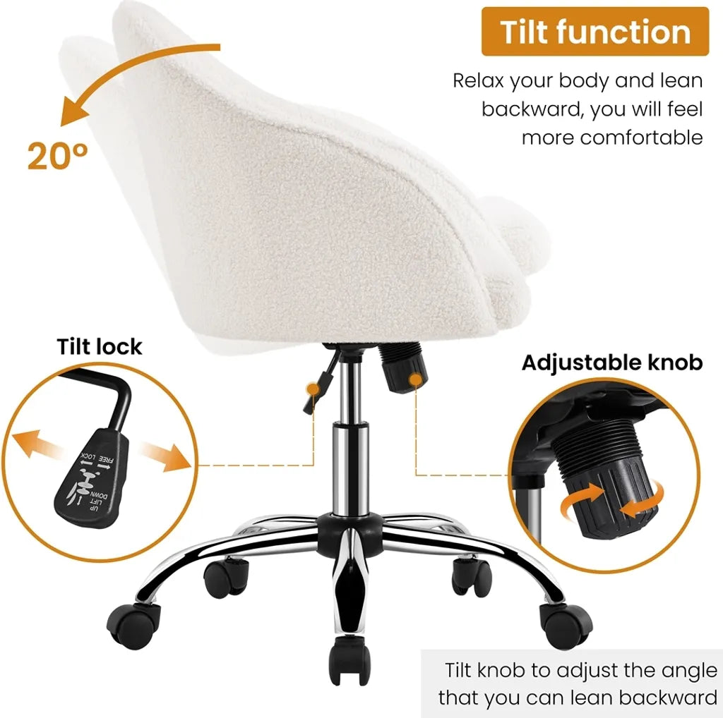 Yaheetech Ergonomische Bureaustoel 60 x 60 x 76,5-86,5 cm - Ivoor - Verstelbare Draaistoel met Fluwelen Bekleding