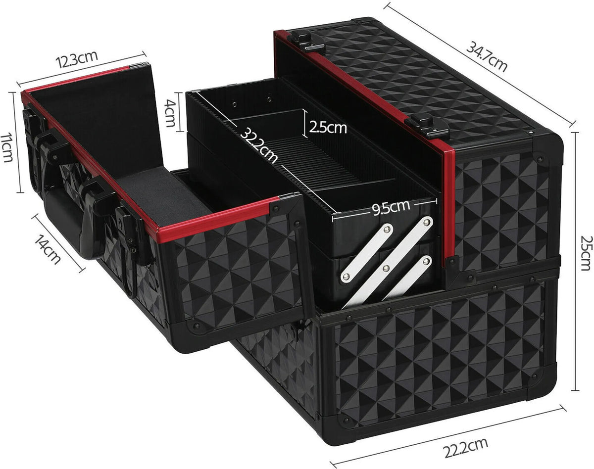 Yaheetech Make-upkoffer Met 3 Lagen – 34,7 x 22,2 x 25 cm – Voorzien Van Verstelbare Tussenschotten En Fluwelen Voering En Slot Met Sleutels – Voor Kappers En Visagisten – Zwart En Rood Aluminium