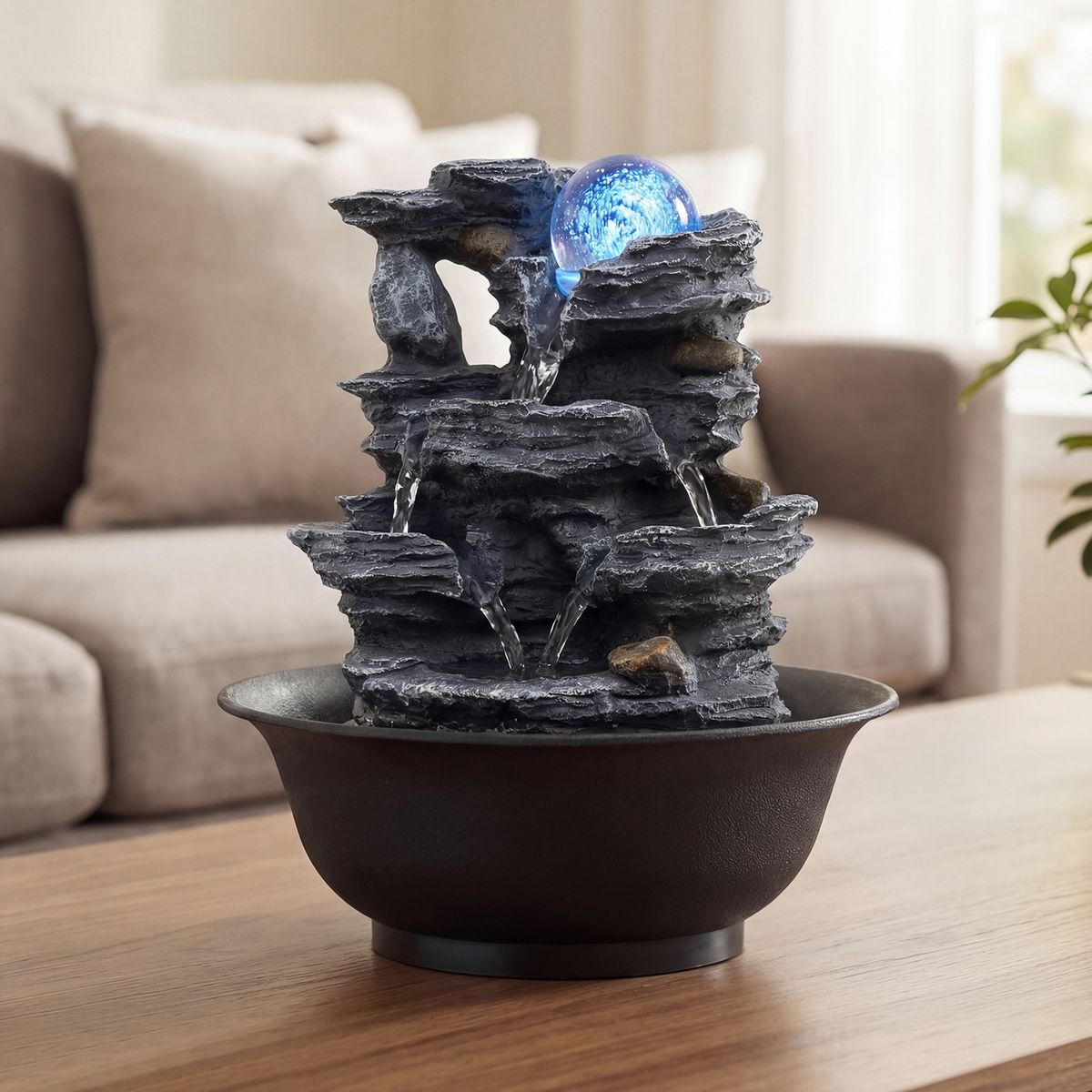 Coast Tafelwaterfontein - Waterval met rotslook - LED-verlichting - Zwart - 21,5 x 26 cm