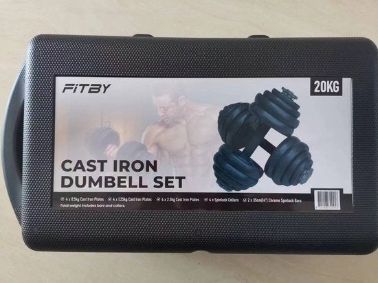 Fitby Dumbells 20KG - Dumbbells - Gewichten set - Verstelbare Dumbells - Halterset - Dumbell Set - Gietijzer - Inclusief Opbergkoffer