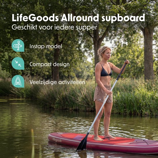 LifeGoods SUP Board Allround Compact - 100 KG Draagkracht - 300 x 76 cm - Opblaasbaar - Compleet SUP pakket - Rood/Lila
