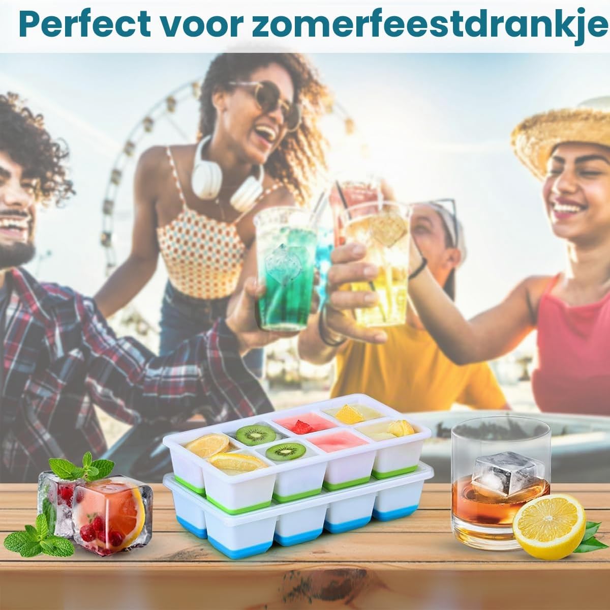 Siliconen IJsblokjesvorm Groot met Deksel Set van 2 - IJsblokjes van 4,5 x 4,5 x 4 cm - BPA-vrij en Stapelbaar - Roze