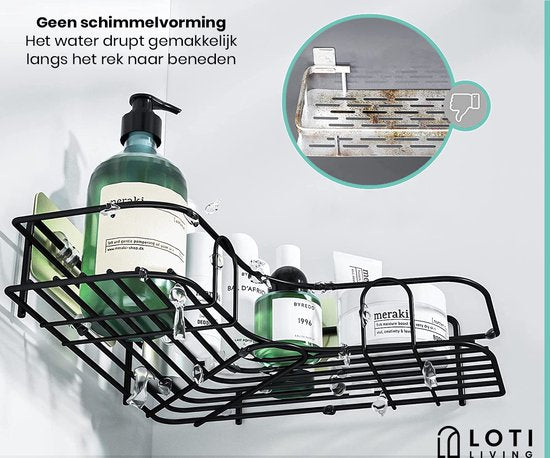 Loti Living Doucherek Zonder Boren – Hoekvorm – 2 stuks - Doucherek Hangend – Doucherekje zonder boren – Doucherekjes 2 stuks – Doucherek Zwart - Doucherek Aan Douchewand - Plakstrip