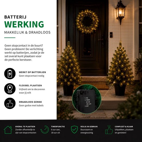 Black Box Trees Nagoya Kerstboom en Kerstkrans Set - 2 Kunstkerstbomen en 1 Krans met LED Verlichting - H90 x Ø45 cm - Groen
