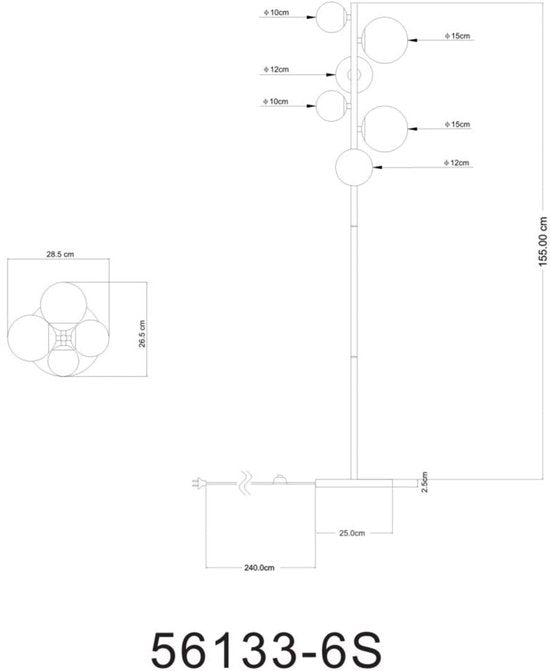 Vloerlamp RIHA Glas 155.0cm Mat zwart | Smoked G9 6-Lichts