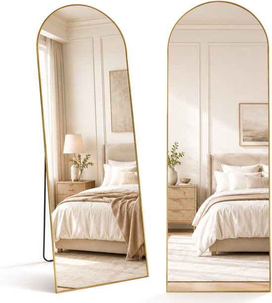 Infinity Goods Passpiegel - 160x60cm - Design Wandspiegel - Staande Spiegel Met Metalen Rand - Hangend - Kleedkamer Spiegel - Afgerond - Modern - Goud