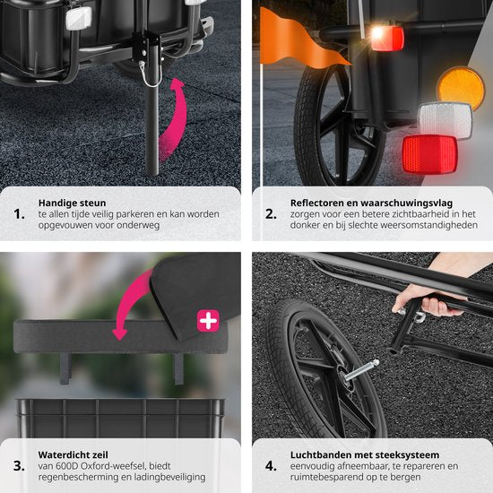 tectake® 2-in-1 fietskar - Bagagekar en duwwagen - Aanhangwagen voor fiets, mountainbikes en eBike - Transportwagen met trekhaak - Met zeildoek en luchtbanden - Belastbaar tot 50kg