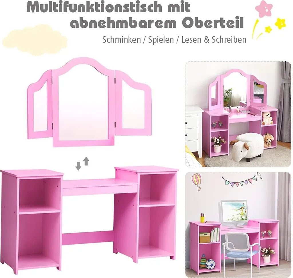 Coast 2 in 1 kaptafel met verwijderbare spiegel en open houten compartimenten voor kinderen van 3 jaar roze