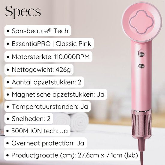 Sansbeauté® Föhn met Diffuser – Krullen – 110.000RPM - Ionische Haardroger met Borstel - 3 Standen - 3 Opzetstukken – Reisföhn - Coolshot – Haarföhn met Diffuser – Hair Dryer - 2000W - EssentiaPRO®