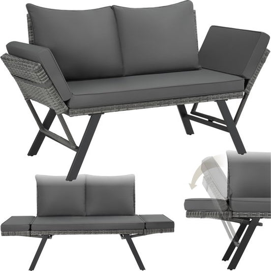 tectake® 2-in-1 Wicker Tuinbank Sintra - Verstelbare Leuningen - Tuinset - Ligbed - Balkon Loungebank - Incl. Kussens - Outdoor Loungesofa - UV- en Weerbestendig Zonnebed - Grijs